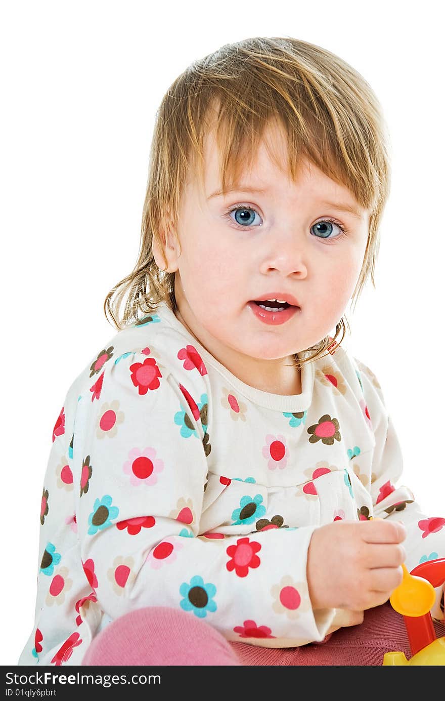 Portrait of little girl with spoon toy on white background. Portrait of little girl with spoon toy on white background