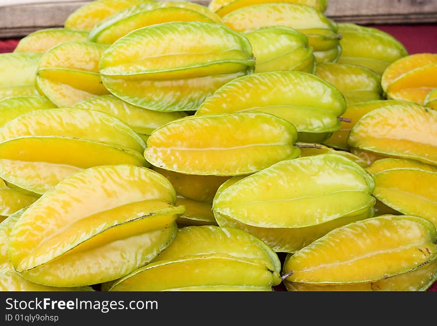 Star Fruit on sale at the market. This is a tropical fruit. These were grown in Taiwan, Asia.