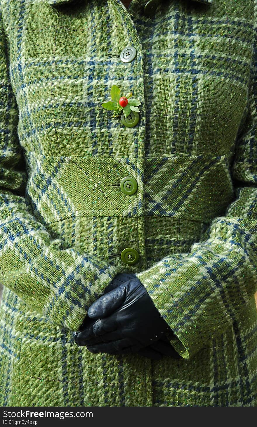 Woman's trunk in green coat and black gloves. Woman's trunk in green coat and black gloves