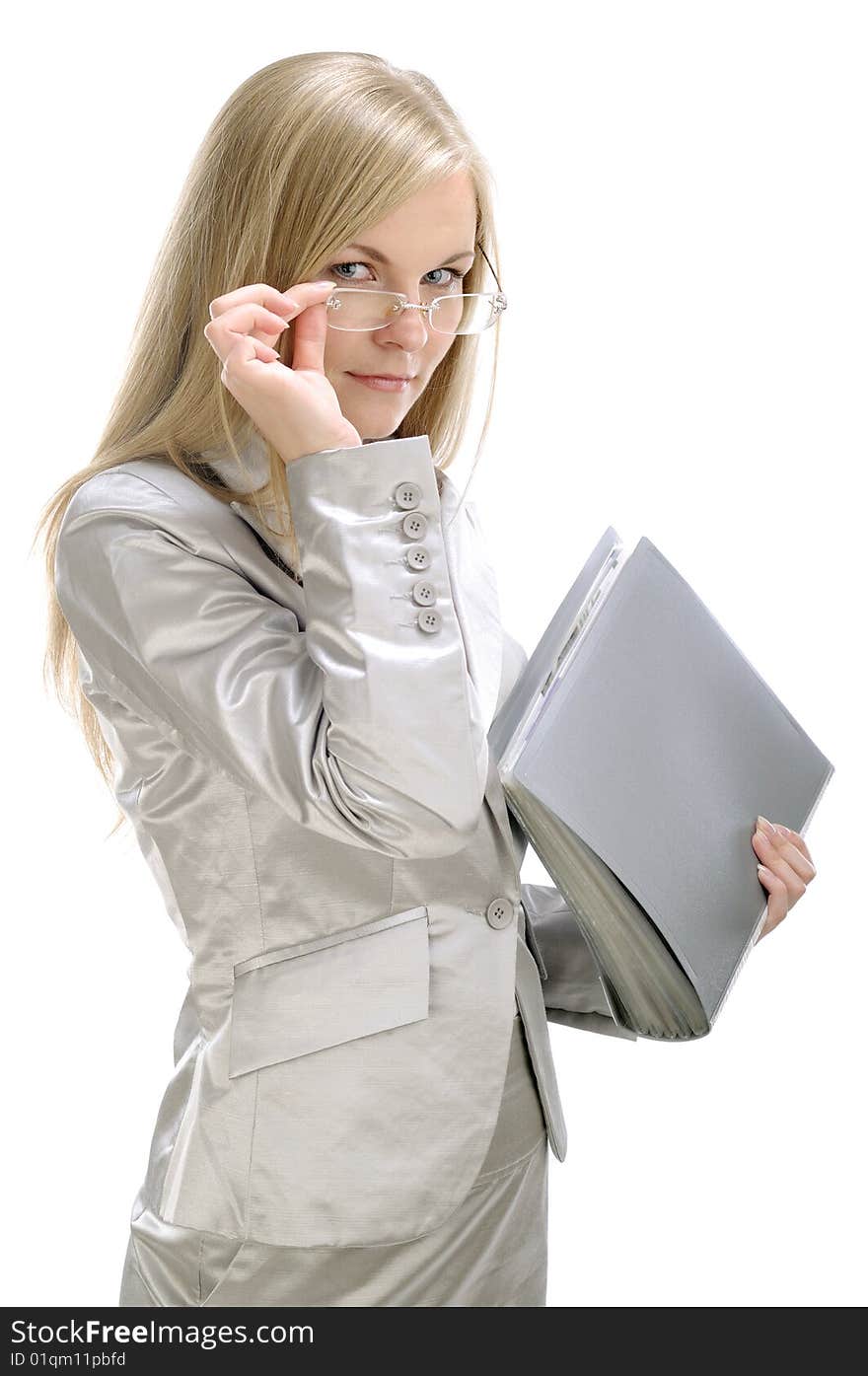 Portrait of young happy businesswoman with folder, isolated on white. Portrait of young happy businesswoman with folder, isolated on white