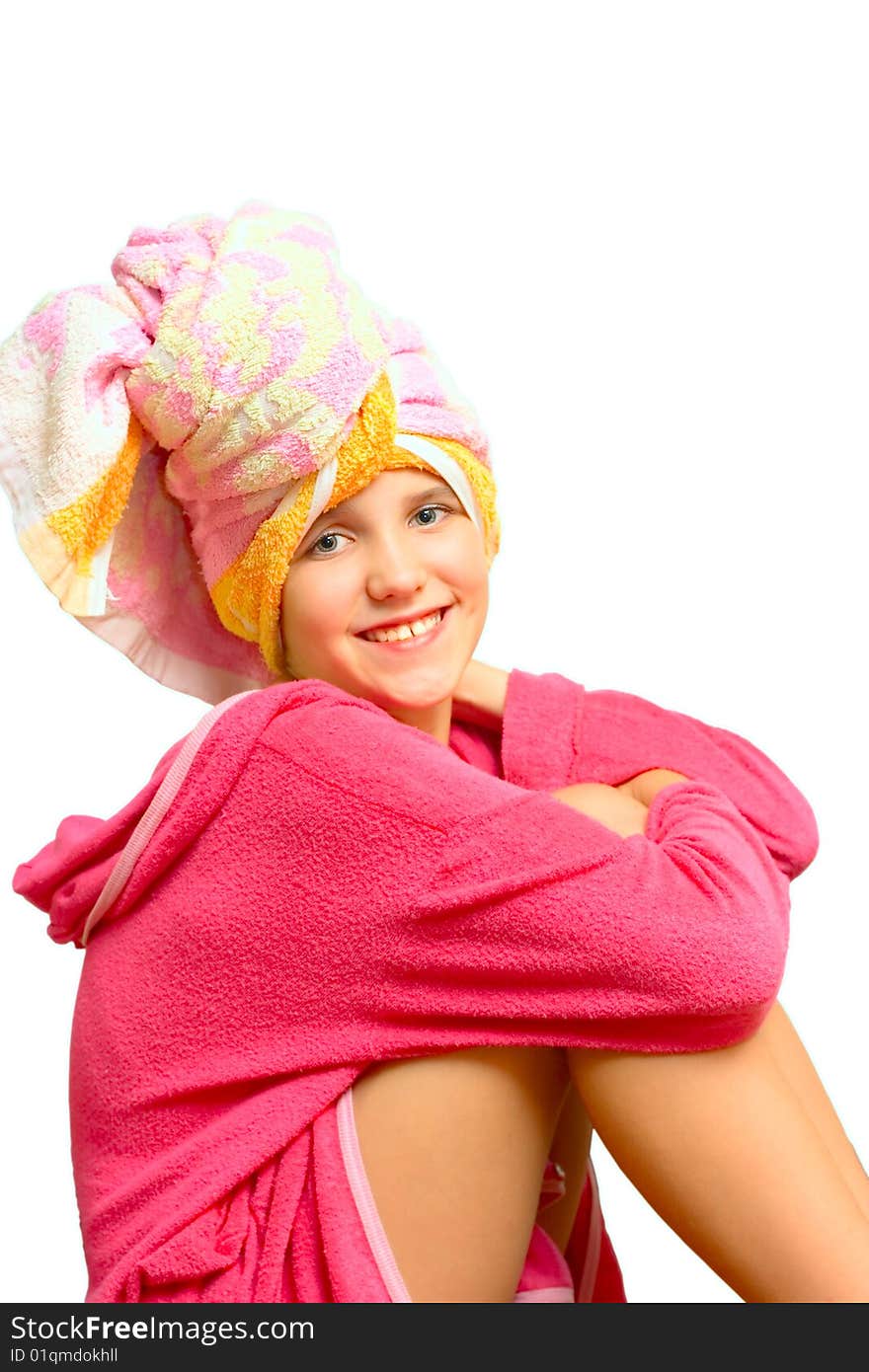 Girl after bathroom isolated on white