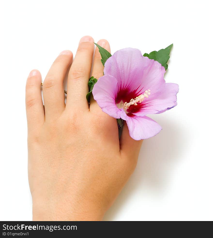 Flower in human hand isolated on white