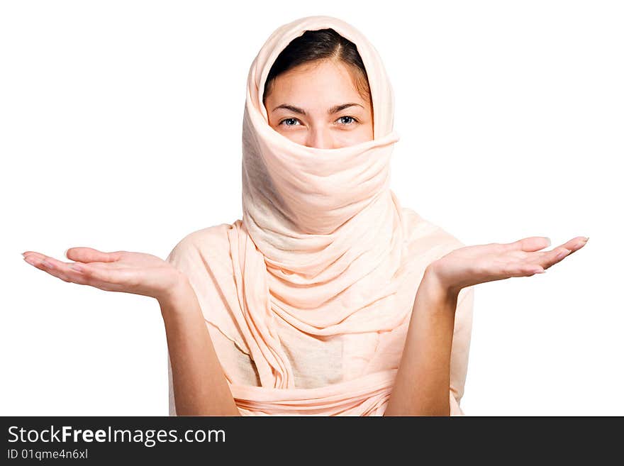 Arabian girl in peach color shawl with hands gesture isolated with clipping path on white background