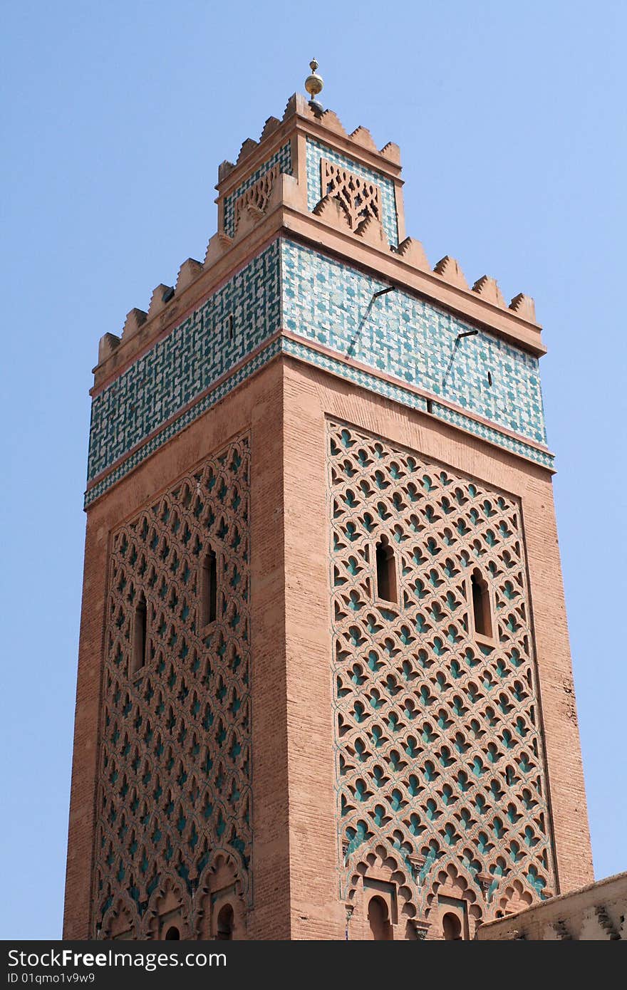 Closeup of tower of Mosque in Marrakech