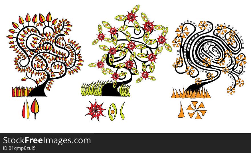 Three colored abstracted trees with flowers and leaves. Three colored abstracted trees with flowers and leaves