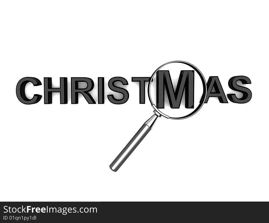 Three dimensional christmas text with magnifying glass