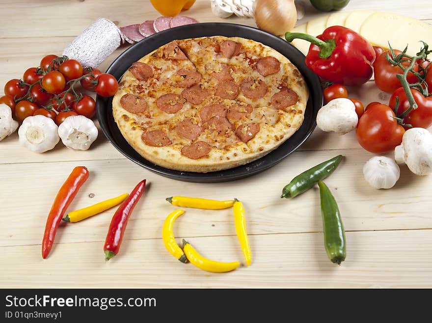 A couple of delicious pizzas, with raw tomatoes, green peppers and salami. A couple of delicious pizzas, with raw tomatoes, green peppers and salami