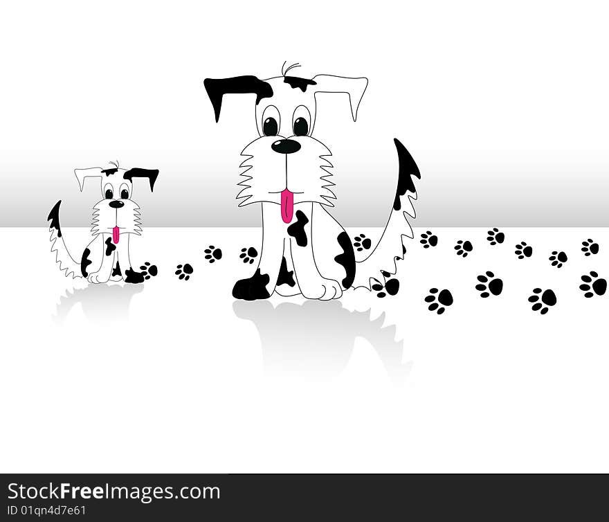 Illustration of Big mix black and white dog and his puppy