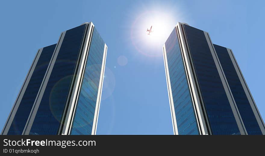 Towers , business jet and sun rays. Towers , business jet and sun rays