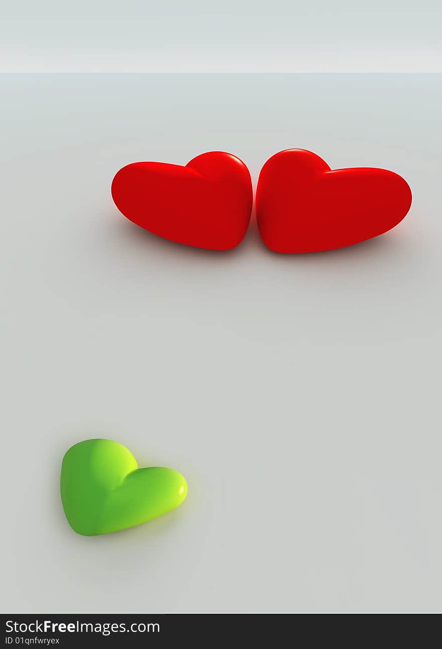 Two red hearts and one little green heart. Two red hearts and one little green heart.