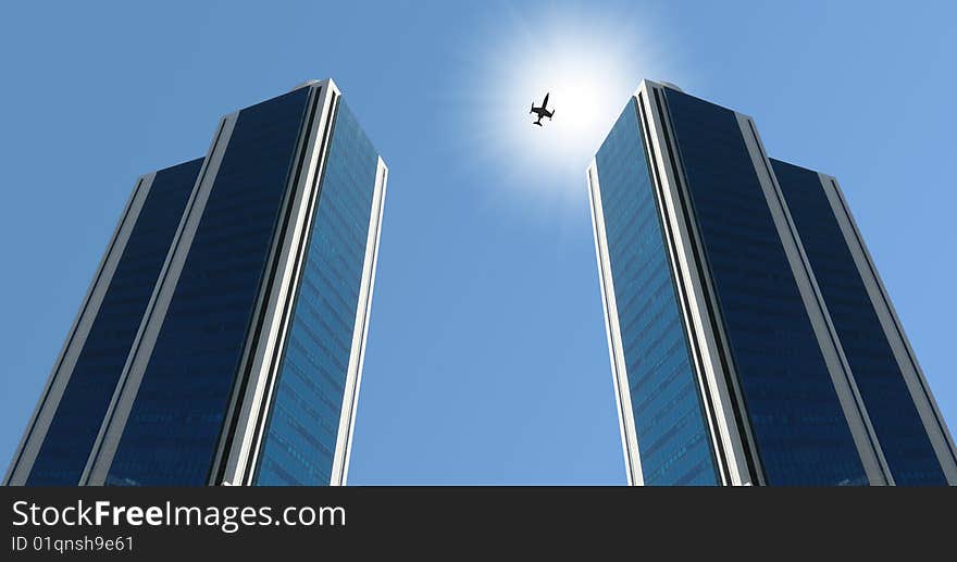 Towers , business jet and sun rays