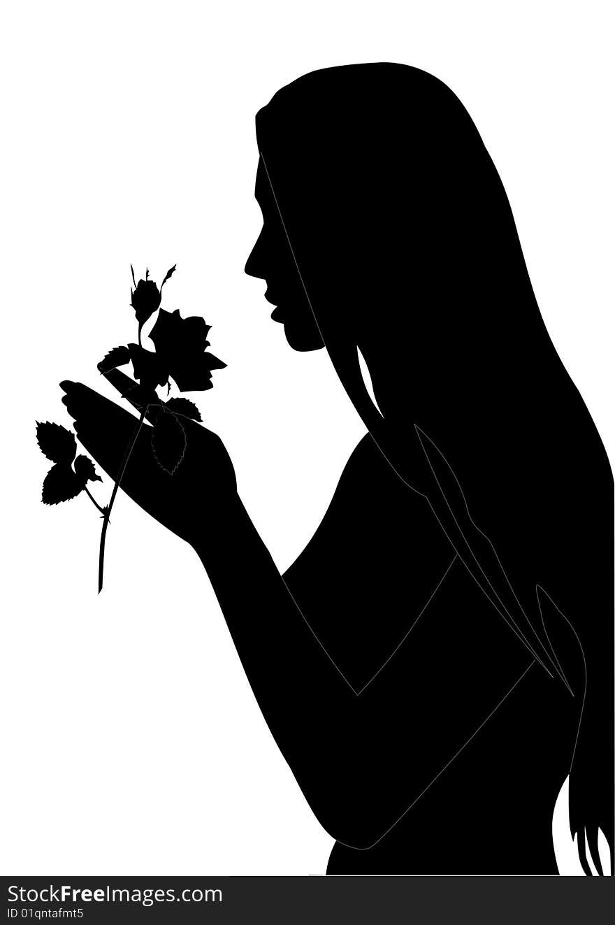 We have a silhouette of the young girl with a rose. We have a silhouette of the young girl with a rose