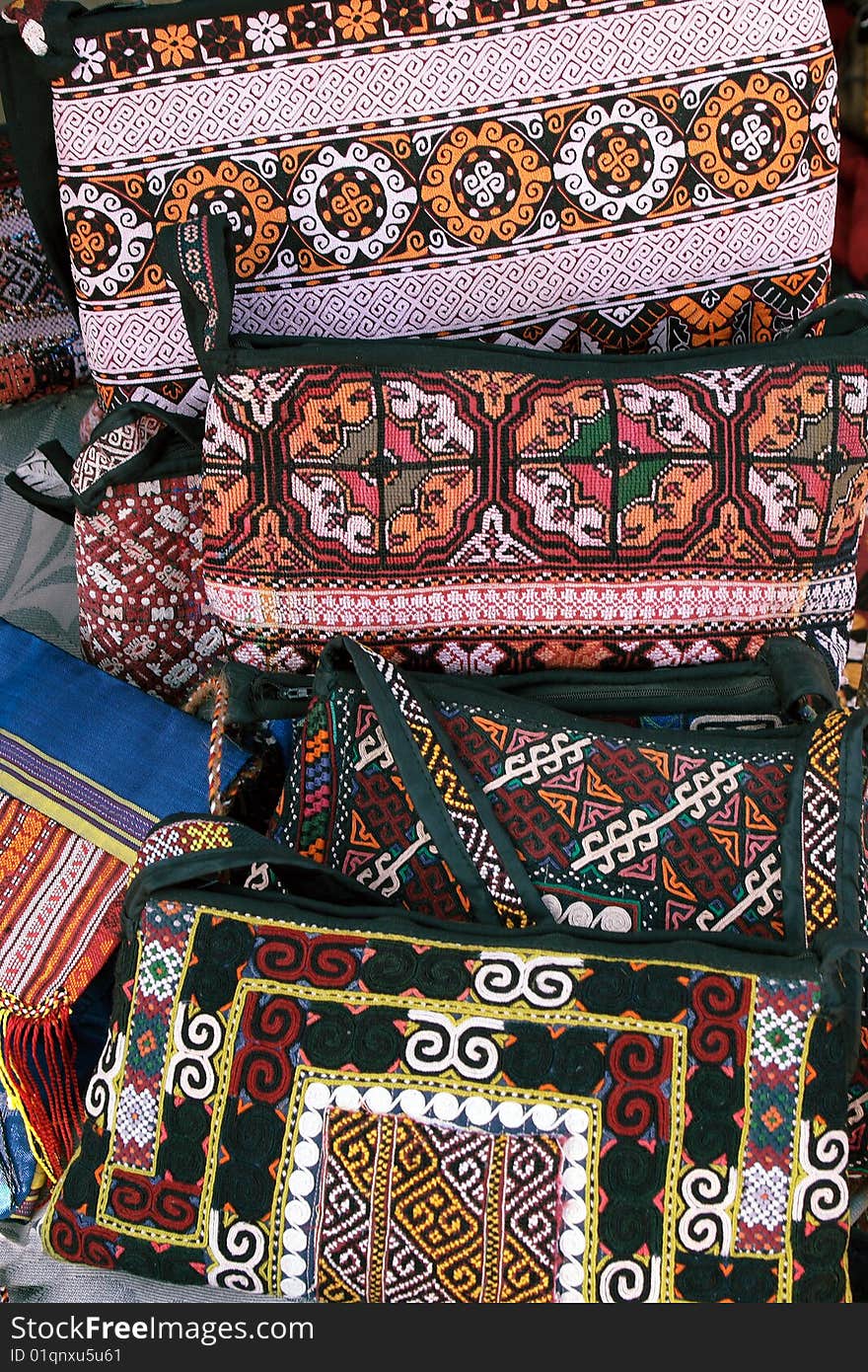 Handmade decorative bags with traditional ornament. Turkmenistan. Ashkhabad market.