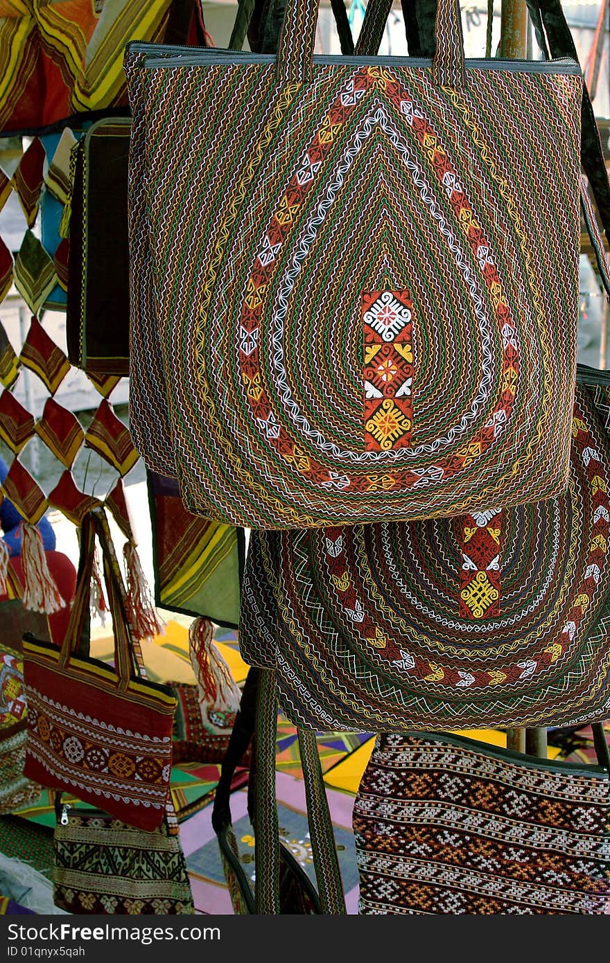 Handmade decorative bags with traditional ornament. Turkmenistan. Ashkhabad market.