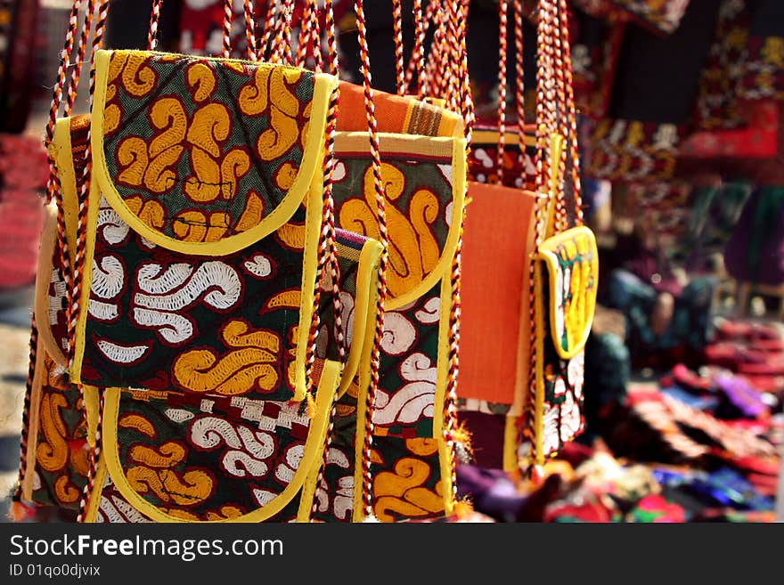 Handmade purse with traditional ornament. Turkmenistan. Ashkhabad market.