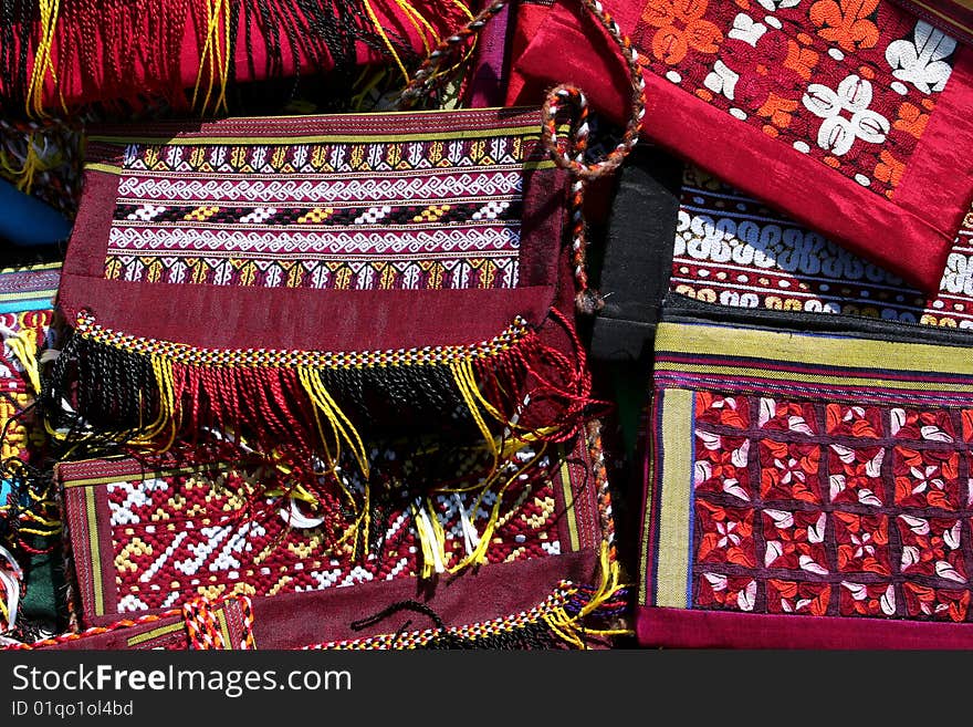 Handmade decorative bags with traditional ornament. Turkmenistan. Ashkhabad market.