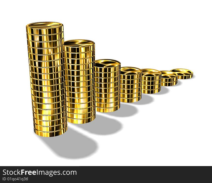 The line of coins in the form of charts or graphics. Columns of coins on a white background.