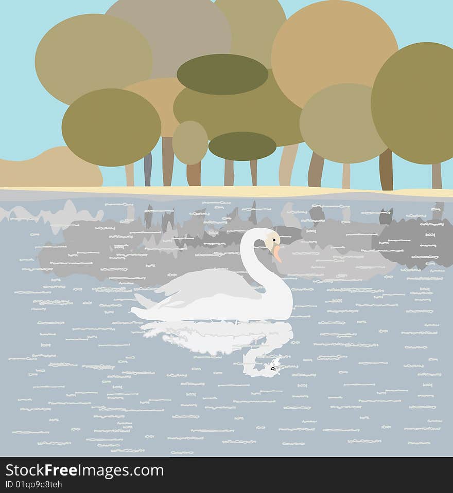 Illustration with white swan on a lake.