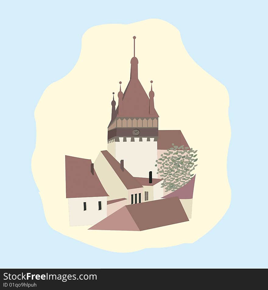 Illustration with castel and a small village, landscape, old tower, peasant village, houses, beautiful cottage, thumbnail, summer residence. Illustration with castel and a small village, landscape, old tower, peasant village, houses, beautiful cottage, thumbnail, summer residence.