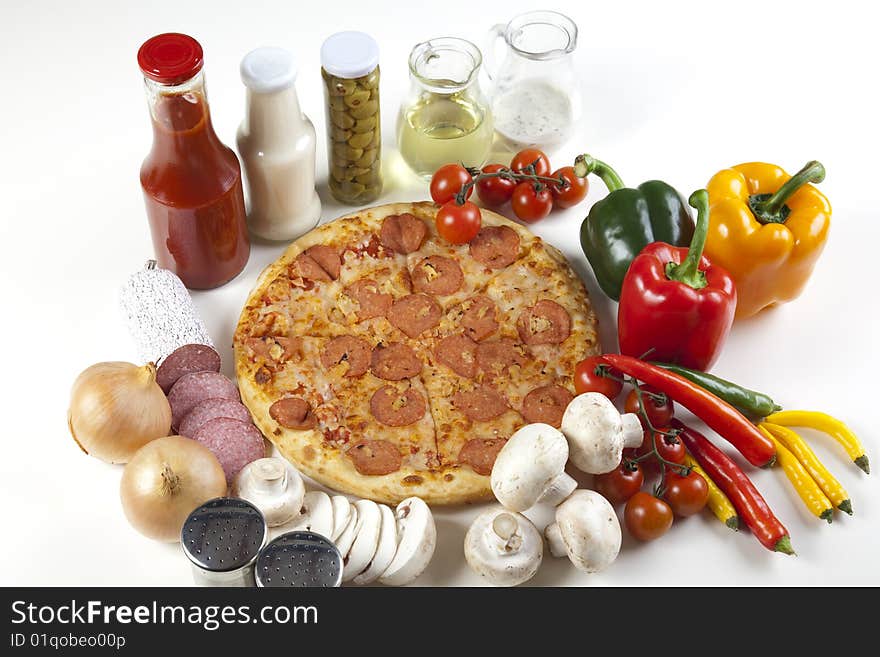 A couple of delicious pizzas, with raw tomatoes, green peppers and salami. A couple of delicious pizzas, with raw tomatoes, green peppers and salami