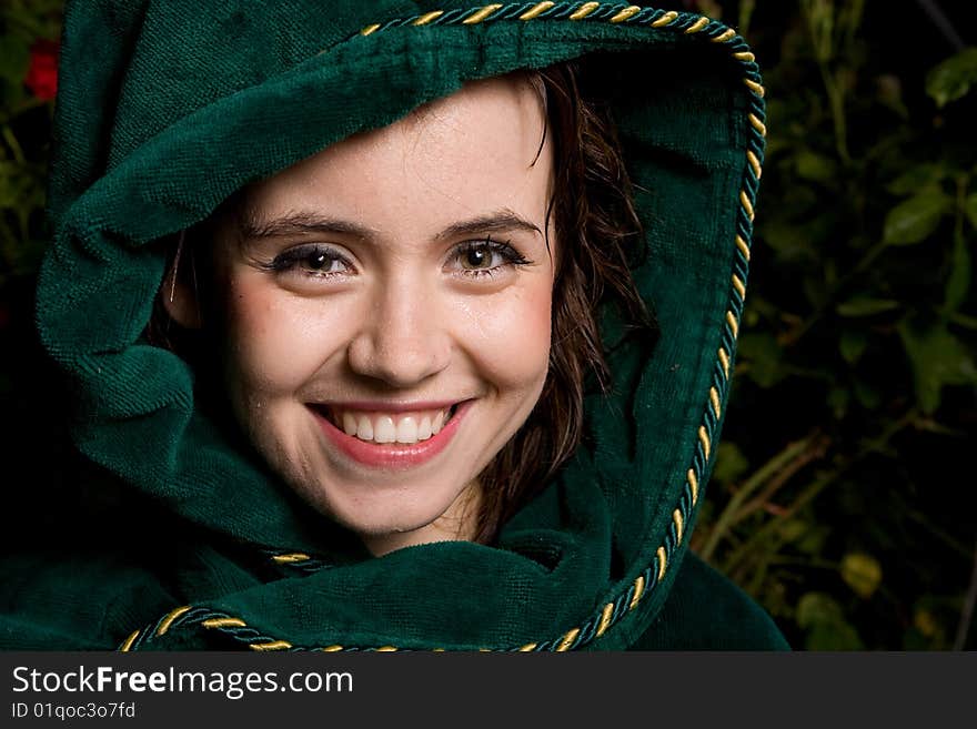 Portrait smiling young dew woman. Portrait smiling young dew woman