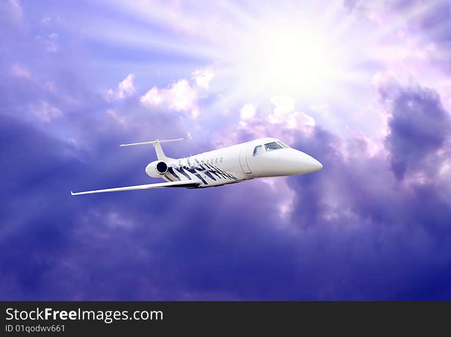 Airplane in air on blue sky