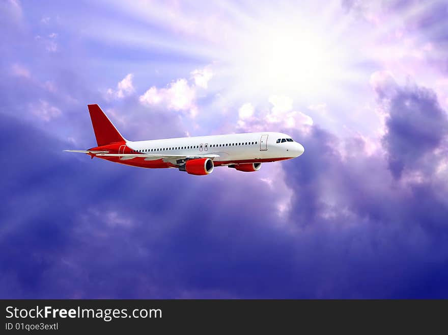 Airplane in air on blue sky