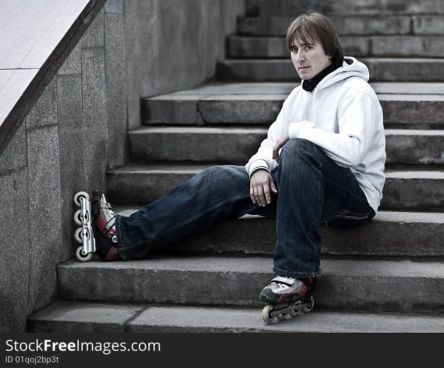 Portrait of a serious rollerskating man - shallow DOF. Portrait of a serious rollerskating man - shallow DOF