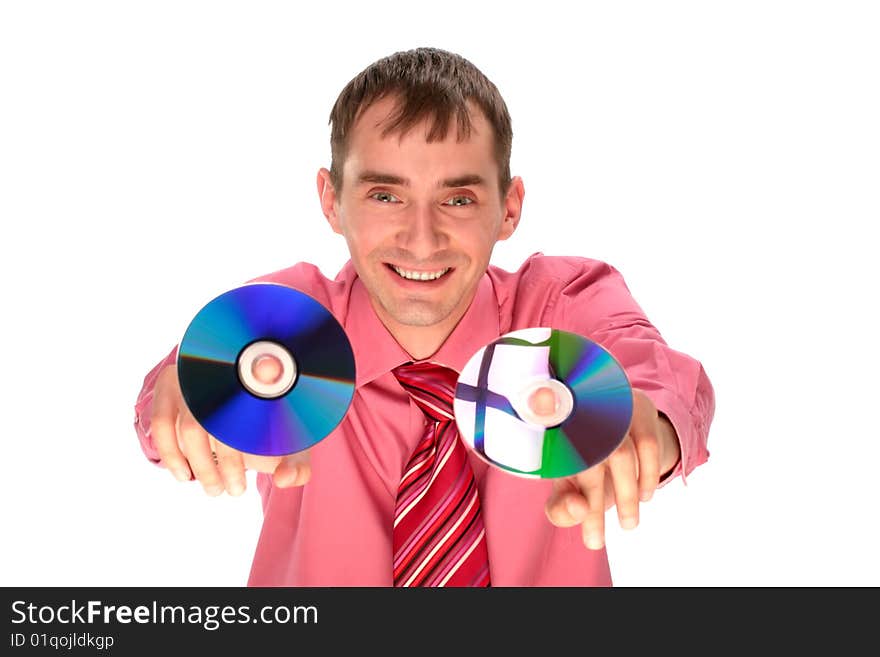 The person shows compact disks isolated