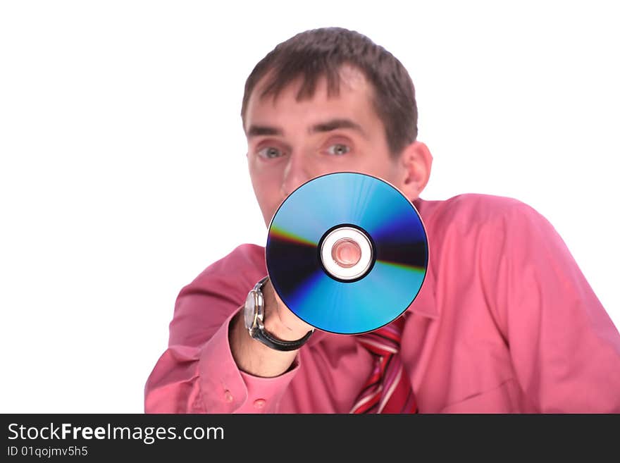 The person shows compact disk isolated background. The person shows compact disk isolated background