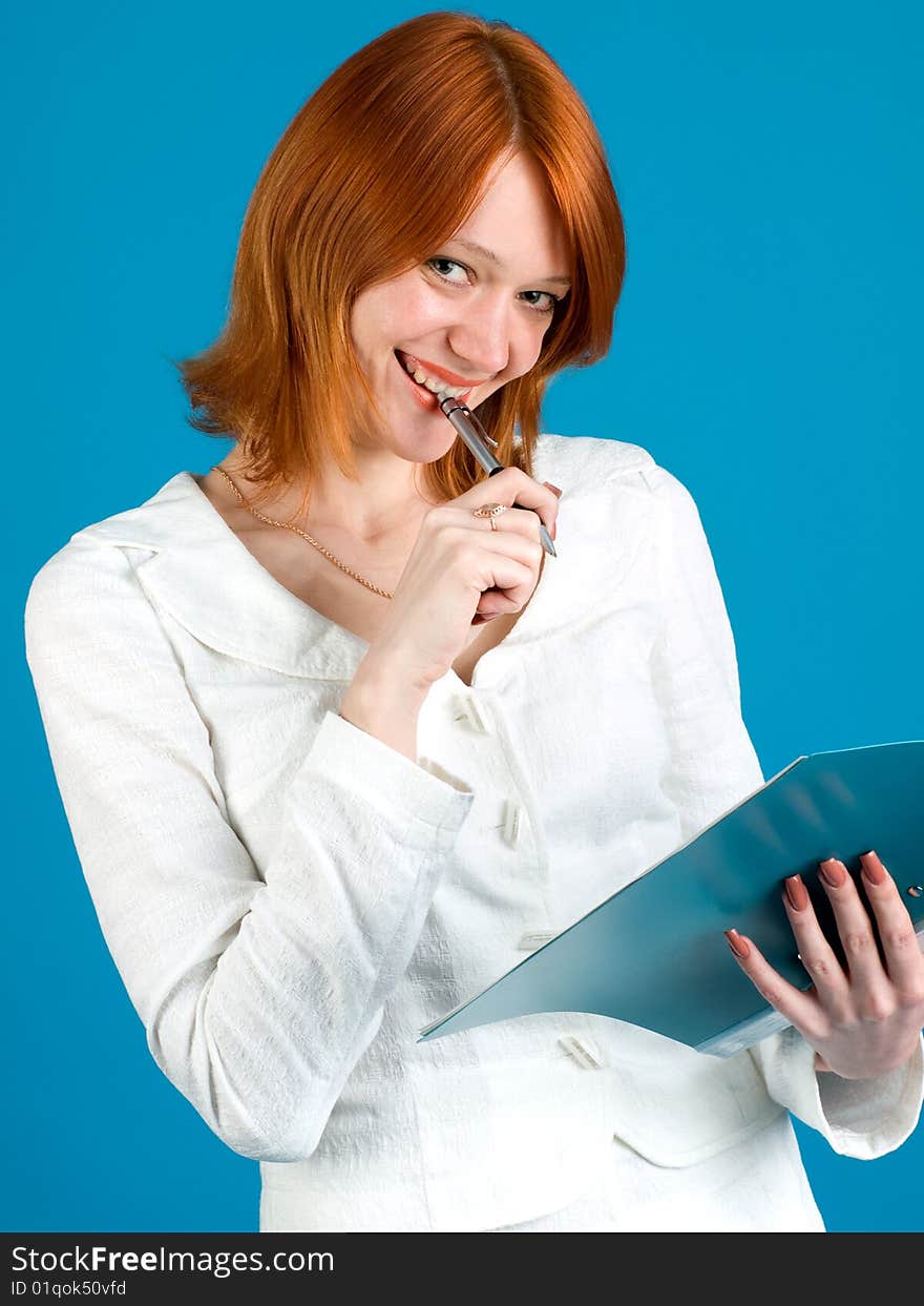 Pretty secretary held folder, isolated on blue background