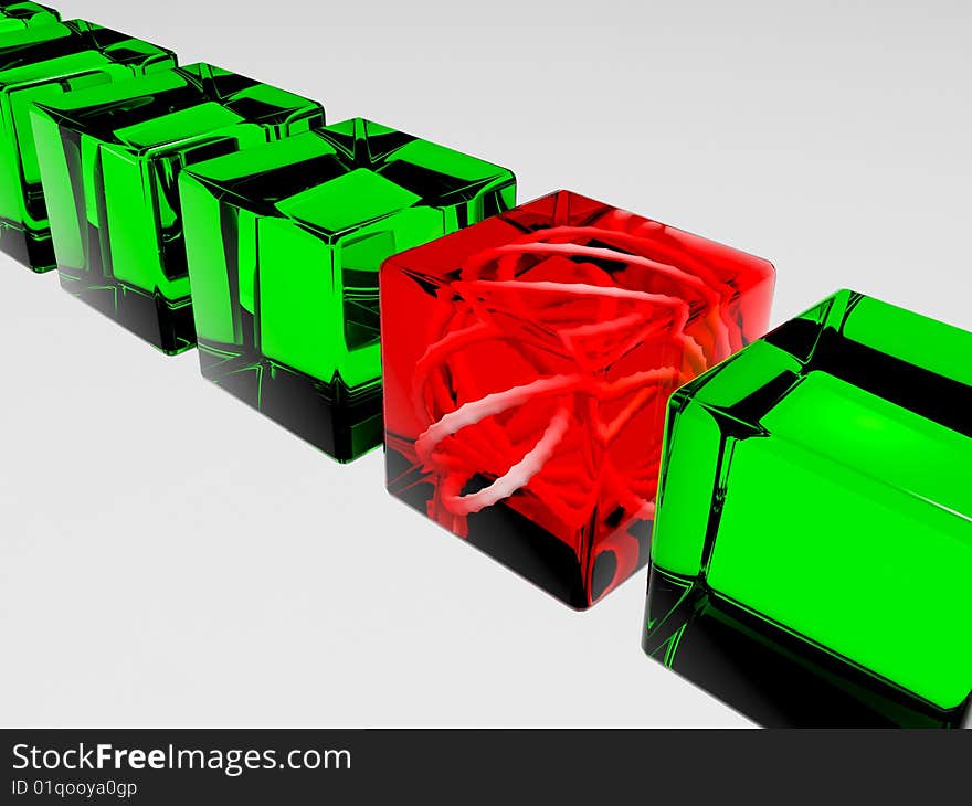 3D abstraction, green and red glass, cube, concept