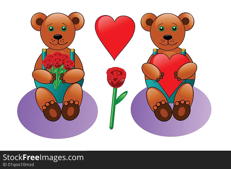 Cute teddy bear with heart and teddy bear with roses.Vector illustration. Cute teddy bear with heart and teddy bear with roses.Vector illustration.