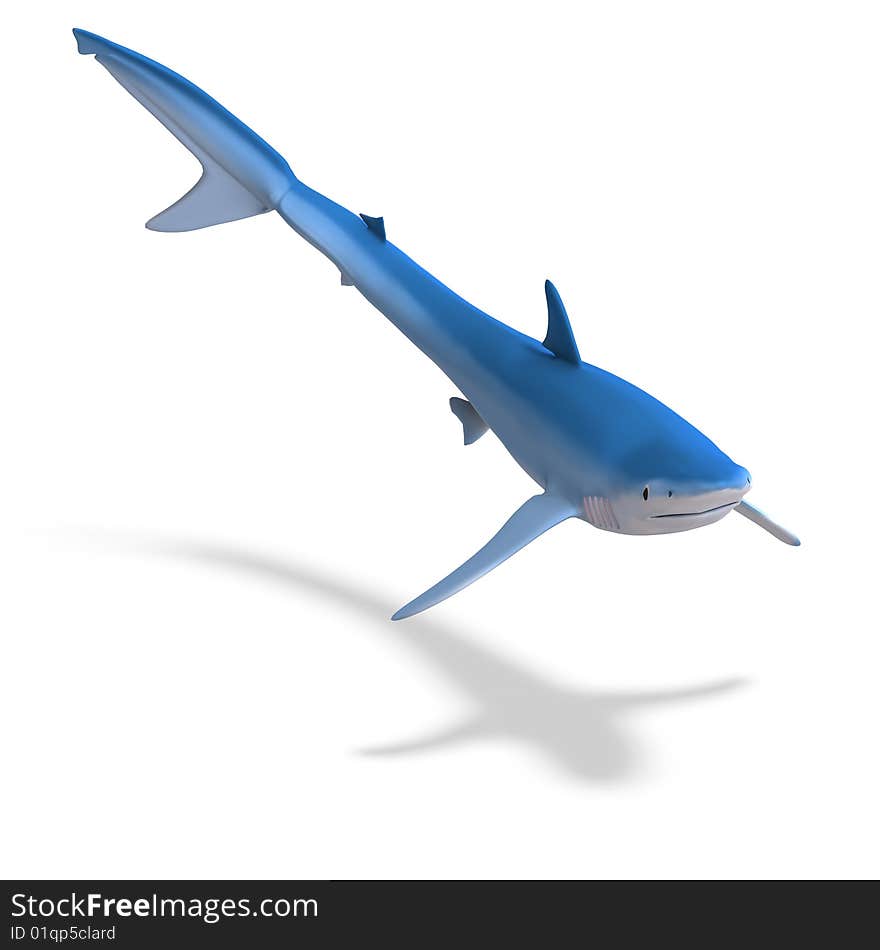 Blue shark. 3D render with clipping path and shadow over white