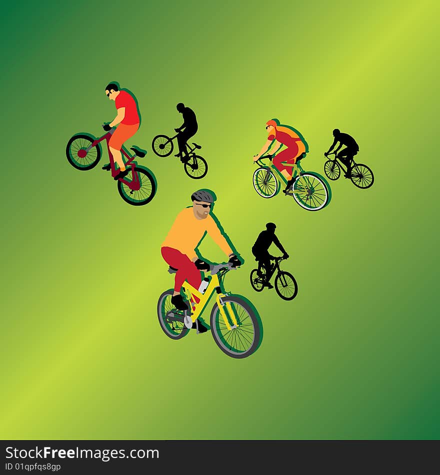 Three bicyclists on gradiented background, vector illustration. Three bicyclists on gradiented background, vector illustration