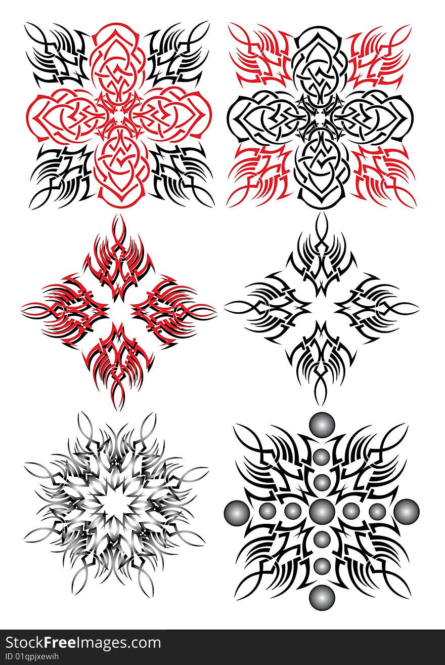 There are six isolated black and red pattern on white background