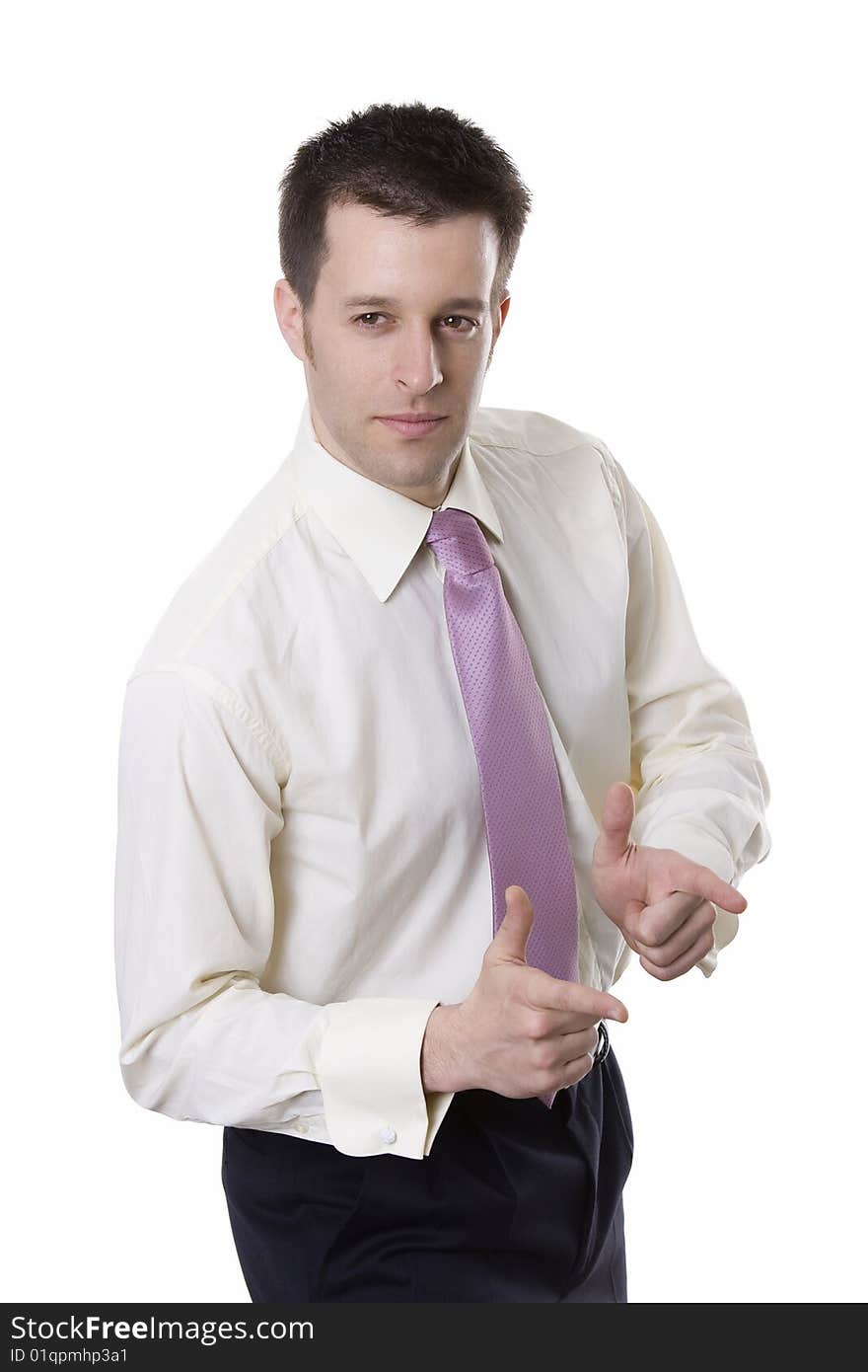 Business man pointing away, over white background