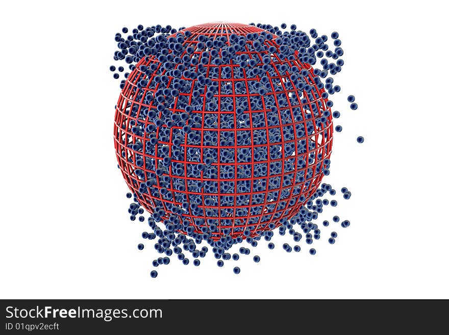 Blue bubbles escaping from red net on white background. Blue bubbles escaping from red net on white background