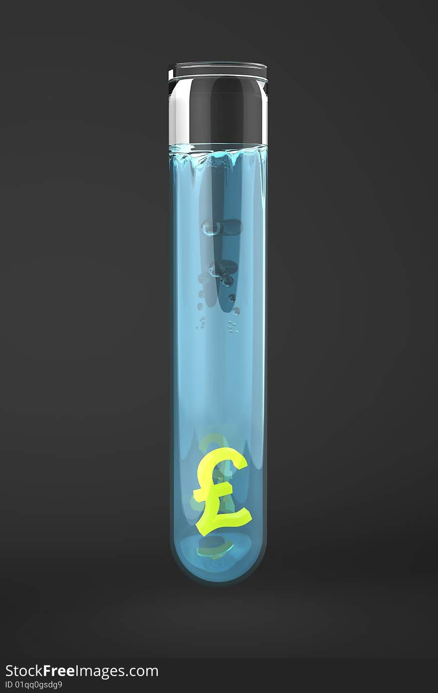 Yellow Pound sign in Test tube filled with blue water on black backdrop. Yellow Pound sign in Test tube filled with blue water on black backdrop