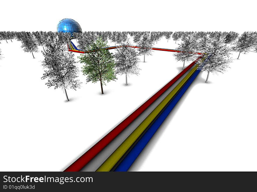 Funky colored road leading through forest to blue ball building on white background. Funky colored road leading through forest to blue ball building on white background