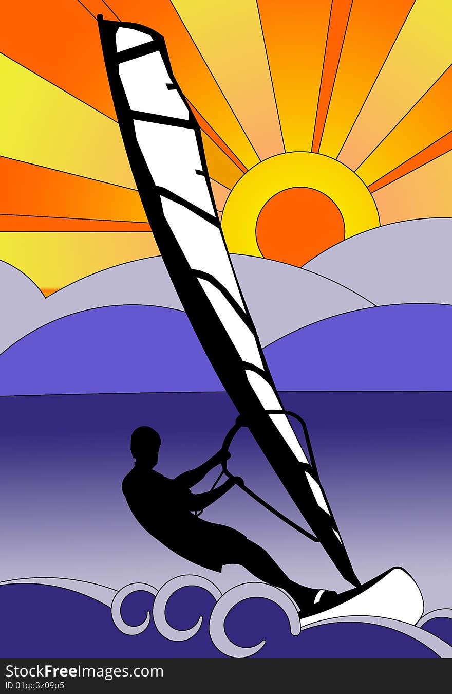 Illustration of windsurfer in action. Seaside, hills background and a sunny sky. Illustration of windsurfer in action. Seaside, hills background and a sunny sky.