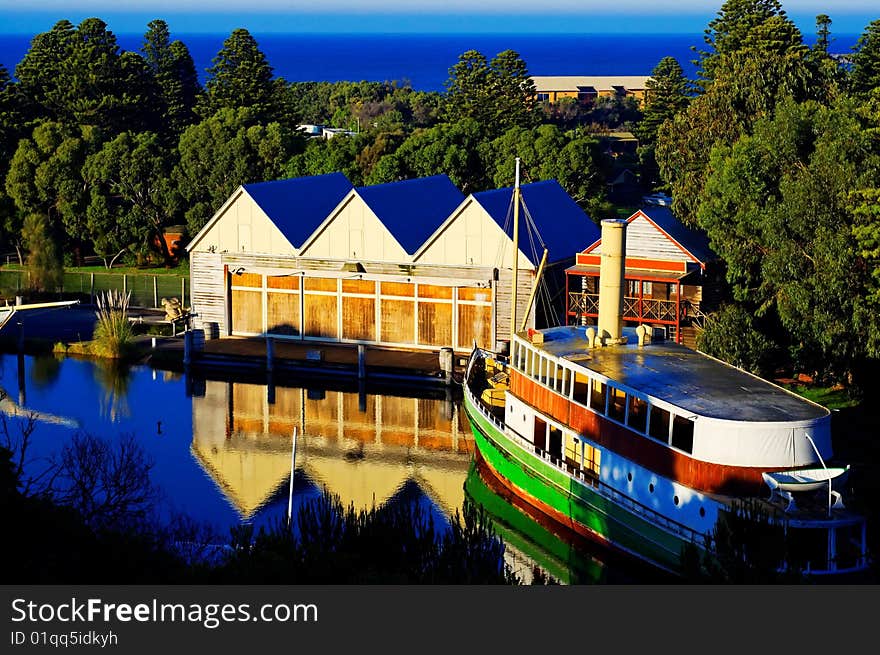 Old boat house and passenger ferry at Flagstaff Hill, Australia. Old boat house and passenger ferry at Flagstaff Hill, Australia