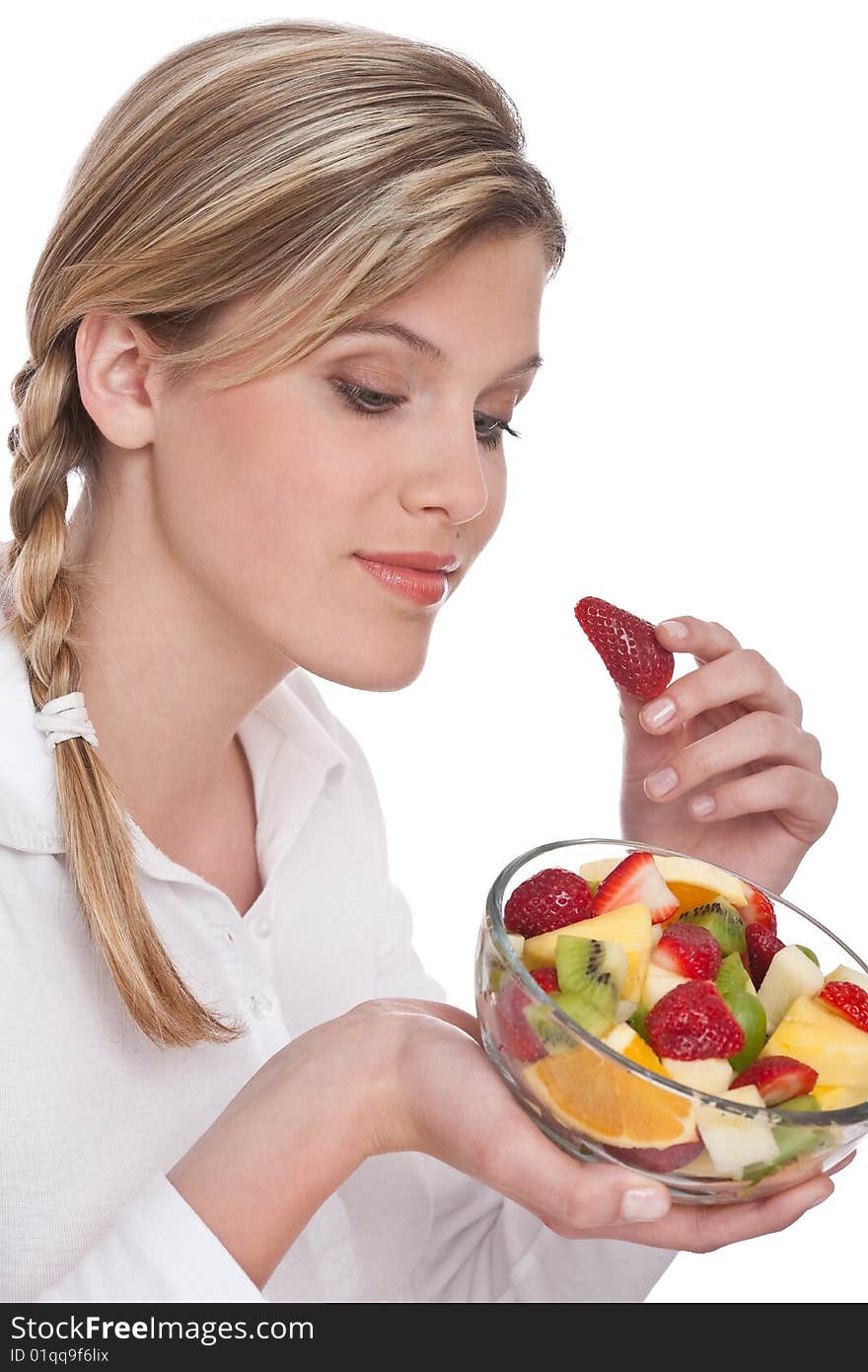 Healthy lifestyle series - Woman holding strawberry on white background. Healthy lifestyle series - Woman holding strawberry on white background