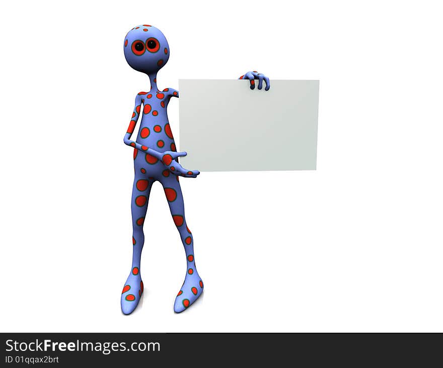 A friendly dotted fantasy figure holding a blank sign. A friendly dotted fantasy figure holding a blank sign.