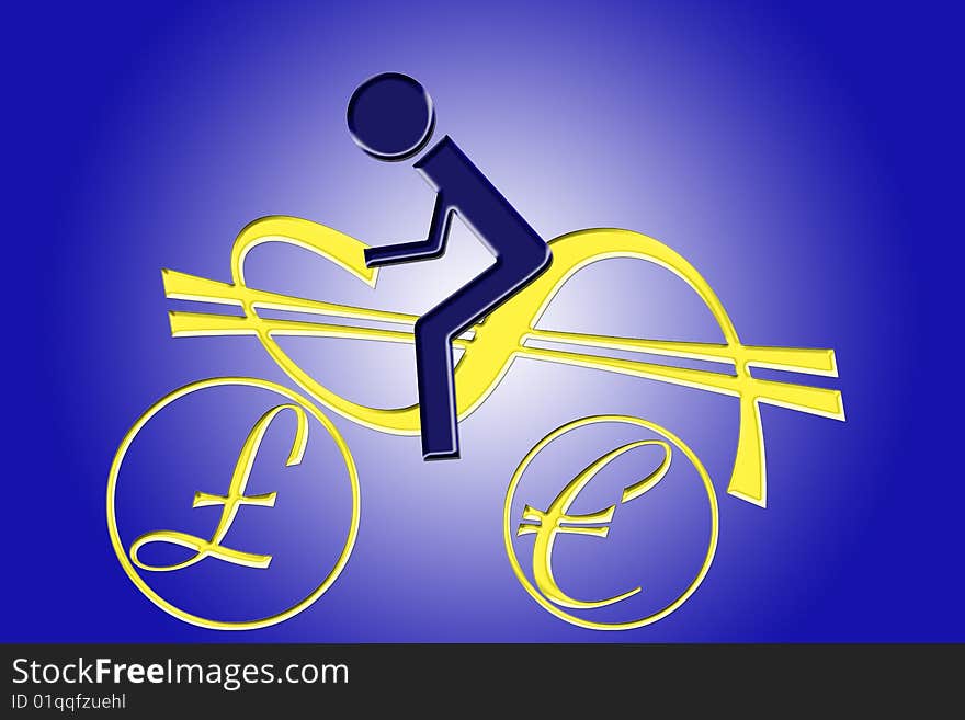 Illustration - the man on the bike of the currency signs. Illustration - the man on the bike of the currency signs