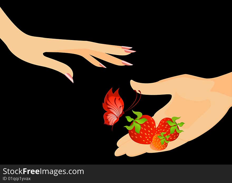 The man's hand gives a strawberry with the butterfly