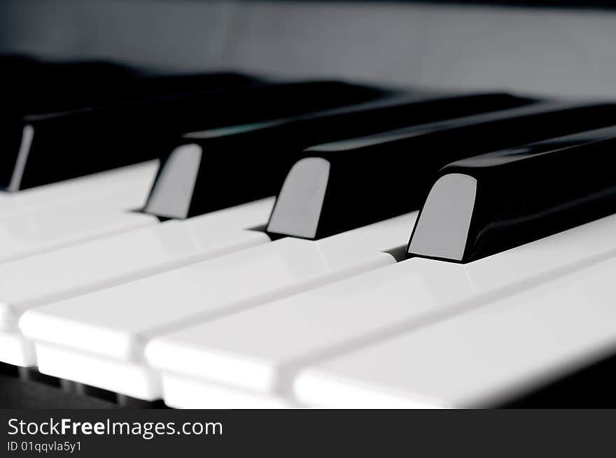 A shallow focus horizontal close up of piano keyboard keys