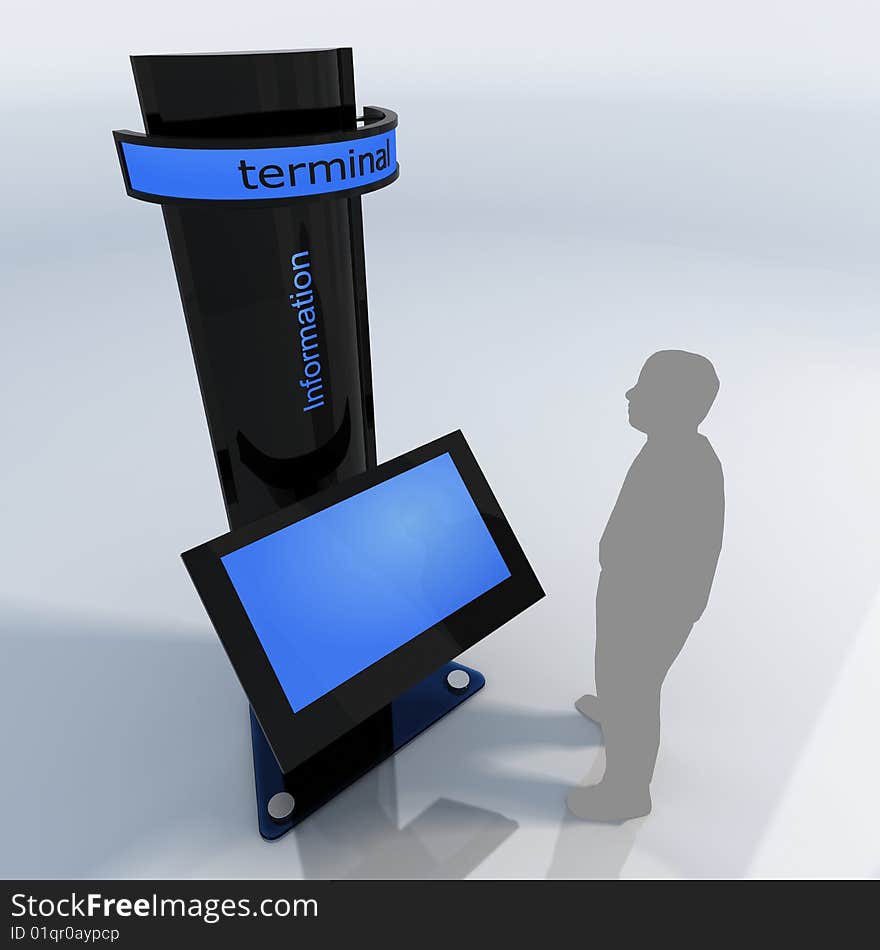 Information terminal with one person on white background - top view