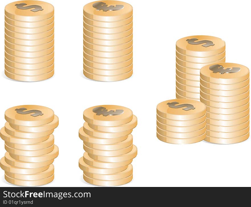 Golden coins set. Euro an Dollars