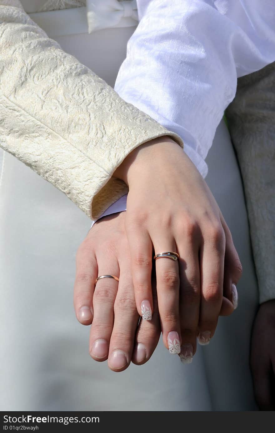 The groom and the bride show the rings. The groom and the bride show the rings